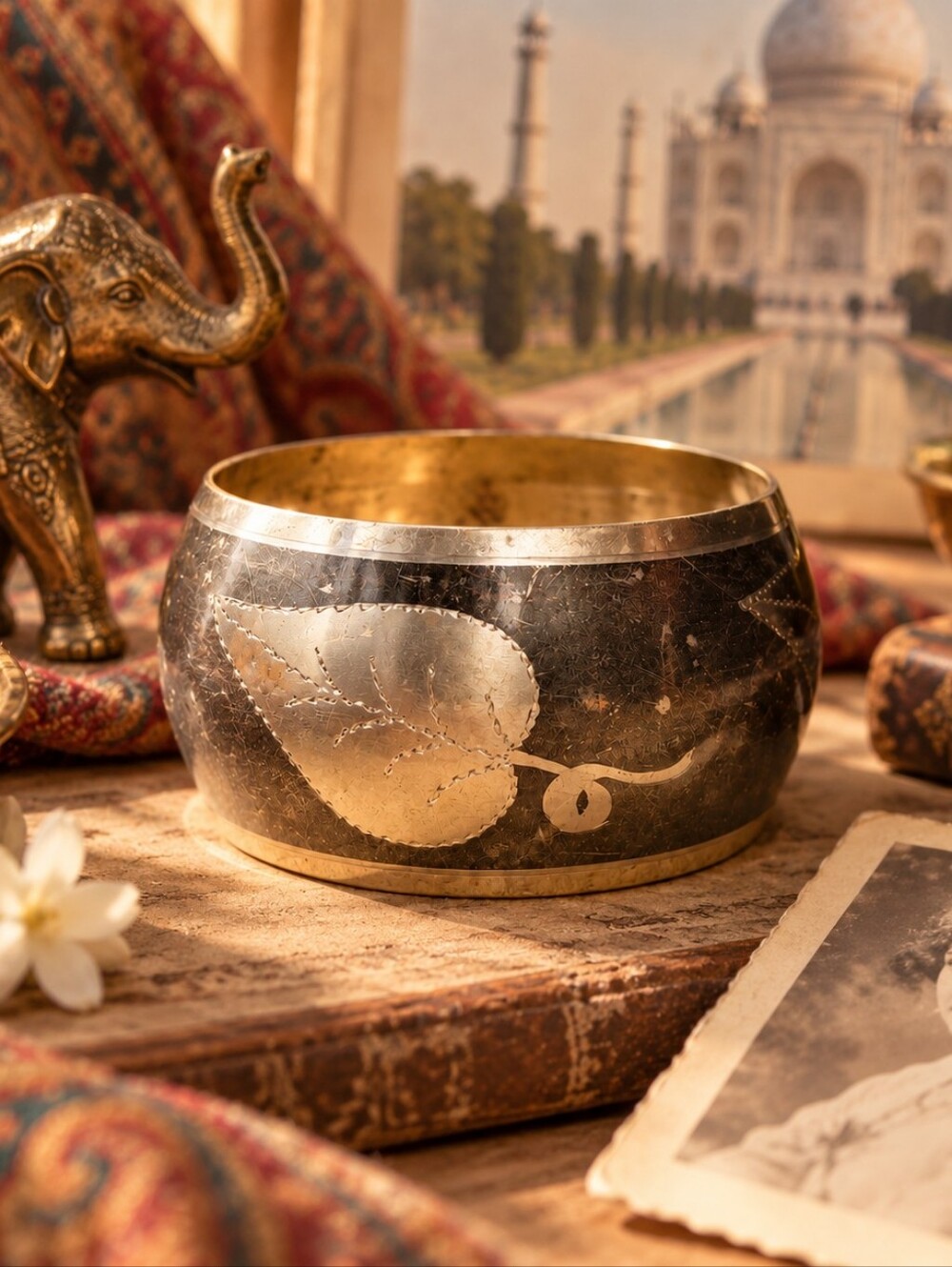 Vintage Brass Wide Floral Etched Bangle Bracelet | India Provenance